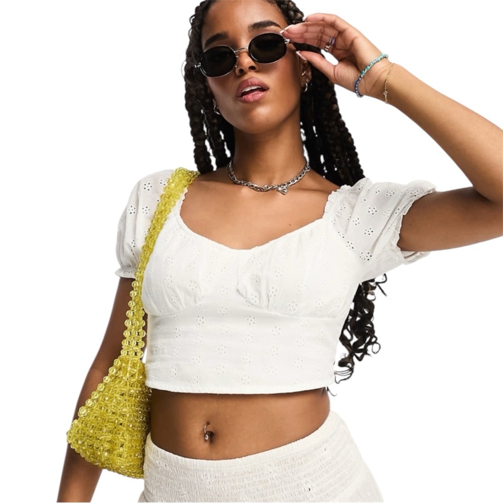 Hollister White Eyelet Crop Top with Puff Sleeves